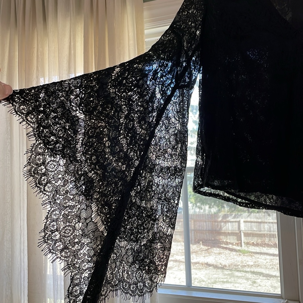 Black lace Stevie Nicks Type top. Fun and sexy sleeves, V neck, lined.  Do+Be. S